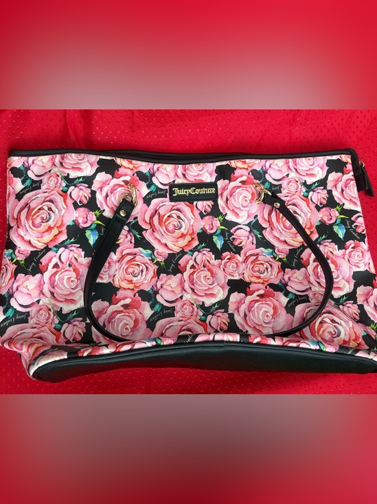 Juicy Couture Handbags - Juicy Couture Pink Rose Floral Tote Bag Large Shoulder Handbag Black Trim